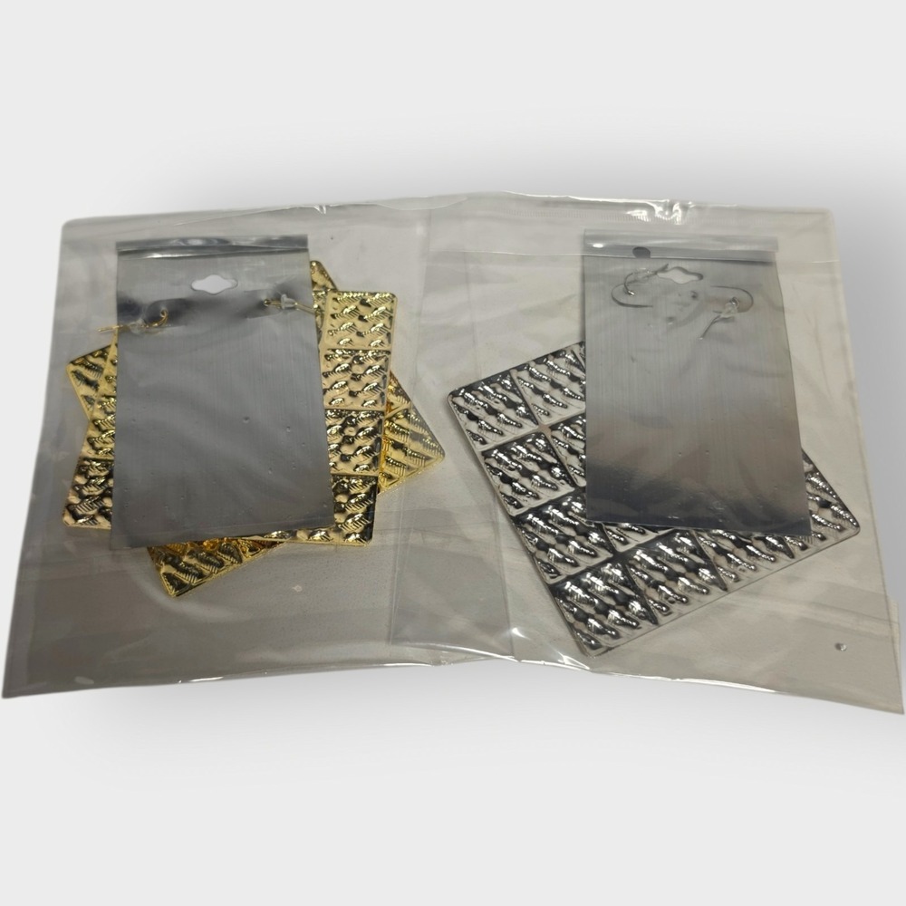 Lot of 2 X Large Earrings Gold Silver Tone Textured Square Dangle VINTAGE 4" Y2K - Picture 2 of 6